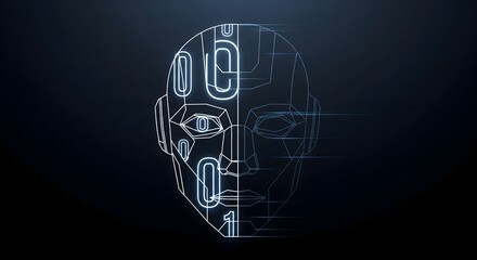Obraz premium Conceptual graphic illustration of a robot head silhouette with glowing binary data stream representing artificial intelligence and machine learning.