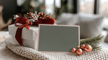 Gift box adorned with red ribbon and pine branches, featuring a blank card for personalized messages, set against a cozy holiday-themed background with festive decorations