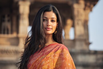 Young indian woman wearing traditional red sari and gold jewelry against temple background