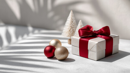 Gift box adorned with a red ribbon, surrounded by decorative ornaments and miniature trees, casting soft shadows on a light surface, creating a festive atmosphere for celebrations