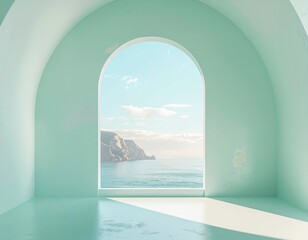 Fototapeta premium Simple Arched Window Frame and Long Shadow. Neo-Minimalist Geometric Layouts (Soft Shapes & Clean Forms). A simple arched window frame casting a long shadow positioned in the center of the frame. 
