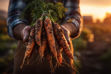 Farmer proudly shows off freshly harvested carrots covered in soil during sunset at a bustling farm