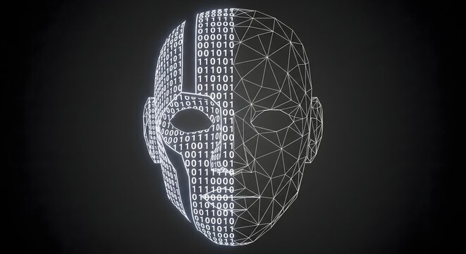 Digital human face mask featuring binary code and geometric wireframe structure on a dark background, representing AI and cyber security concepts.