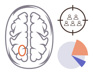 Brain diagram with highlighted section paired with target icon representing teamwork and a pie chart. Ideal for neuroscience, analysis, teamwork, strategy, focus, research, education. Clean flat