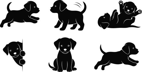 Obraz premium Silhouette of six black dogs in various poses