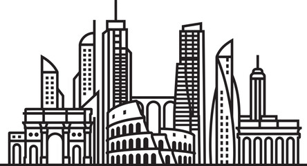 Obraz premium Rome cityscape outline with colosseum arch and modern skyscrapers vector art