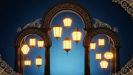 Ramadan lanterns in ornate archway Islamic decoration glowing lights.
