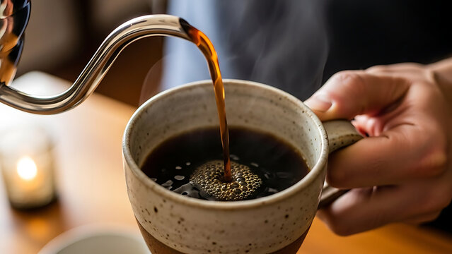 Pouring Fresh Coffee into Ceramic Mug by Hand in Cozy Morning Setting - Powered by Adobe
