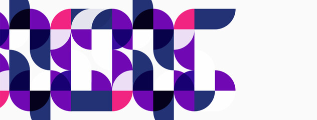 Obraz premium Abstract geometric pattern. Circles, squares create colorful text like design. Purple, pink hues dominate white background. Modern aesthetic.
