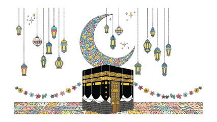 Sacred Kaaba Celebration: A vibrant artistic depiction of the Kaaba, the most sacred site in Islam, adorned with a crescent moon, lanterns, and colorful decorative elements, symbolizing faith. © mahmuda428