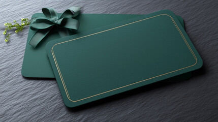 Elegant green gift card with a luxurious ribbon and decorative elements, resting on a textured dark surface, perfect for special occasions and celebrations