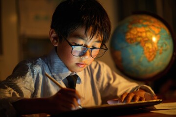 Schoolboy studies geography using a tablet while surrounded by a globe in a dimly lit room during evening hours