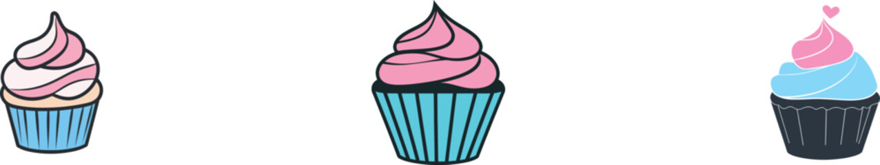 The design includes a single line drawing of a muffin cake, along with modern illustrations of a cupcake shop menu, a restaurant badge, and a logo for an online sweet pastry shop, all featuring a