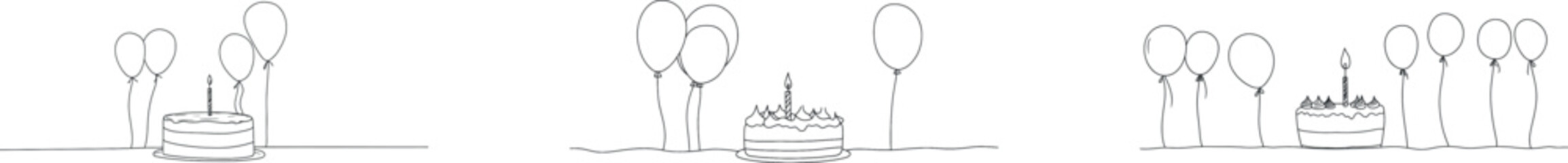 In a continuous line drawing, a birthday cake with sweet cream and a candle is illustrated in a modern style, symbolizing a birthday party celebration concept against a clean white background