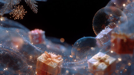 Festive holiday scene featuring beautifully wrapped gifts and shimmering ornaments surrounded by delicate tulle fabric, creating a magical atmosphere for seasonal celebrations