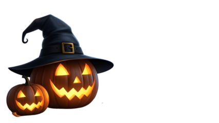 Glowing jack o lanterns with witch hat on transparent background isolated on a transparent background