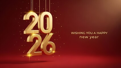 Plakat Golden 2026 numbers hanging with sparkles, wishing a happy new year on a red background.