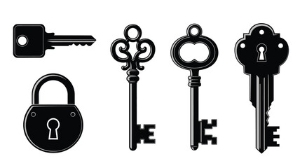 Collection of vintage keys and a padlock in black silhouette