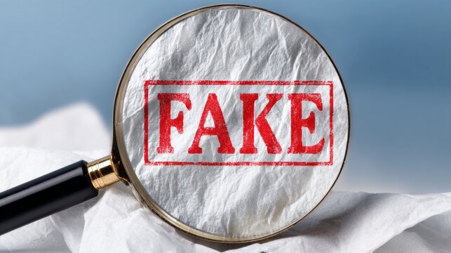 Close examination reveals a striking fake stamp on crinkled paper, illuminated by a magnifying glass, inviting curiosity and caution about authenticity in documents