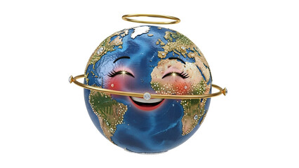 Happy cartoon Earth character wearing a halo and a necklace, symbolizing peace and environmental protection