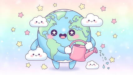 Cute kawaii cartoon Earth watering plants and clouds with stars in pastel sky, adorable global illustration for eco-friendly and care themes