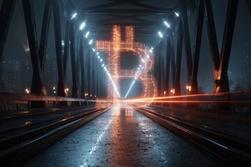 Bitcoin shines brightly on a dark urban bridge at night, showcasing its digital presence and the growing influence of cryptocurrency in modern finance