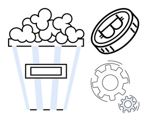 Digital economy, entertainment, cryptocurrency, blockchain, industry, innovation. Popcorn bucket, Bitcoin symbol coin and gear icons in minimalist style. Cryptocurrency and entertainment innovation