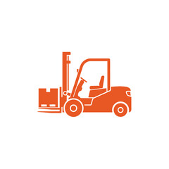 Fototapeta premium Orange forklift with pallet in industrial setting