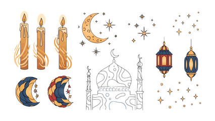 Ramadan Symbols:  A collection of artistic elements, including candles, moons, stars, and lanterns, creates a festive and contemplative atmosphere for religious observance.