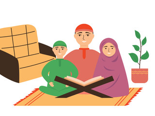 A father and his children sit on the floor and study the Quran. Children study the Quran.