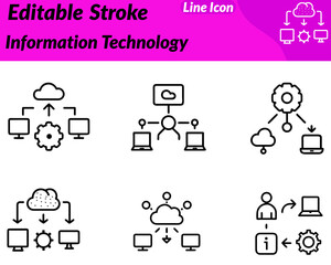 A minimalist information technology icon showing circuit-style lines connected to a central device node. Designed with smooth clean strokes to represent IT systems software networking data processing.