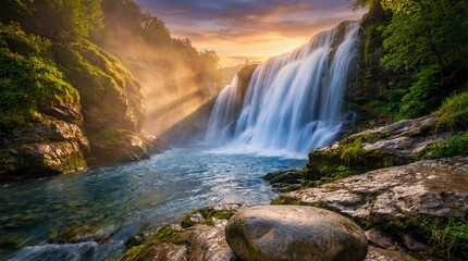 Obraz premium Majestic Waterfall Cascading into Pristine River at Golden Hour