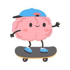 Cartoon Brain Skateboarding with Baseball Cap