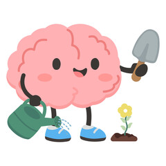 Cartoon Brain Watering Flower with Shovel