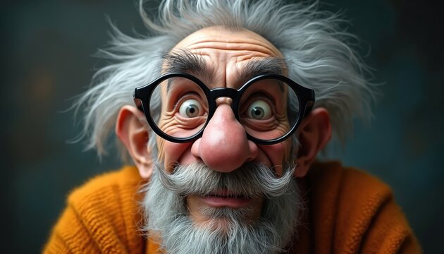 Funny old man with wild grey hair and big glasses. Eccentric grandpa with mustache and beard shows surprised expression. Whimsical character illustration.