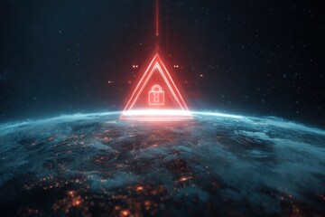 Glowing digital lock symbol in a triangle over a globe with vibrant colors and stars in a dark background