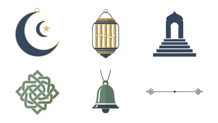 Islamic Motifs Collection: A curated ensemble of Islamic design elements, including a crescent moon with star, an ornate lantern, a mosque archway, an intricate geometric pattern, a bell pendant.