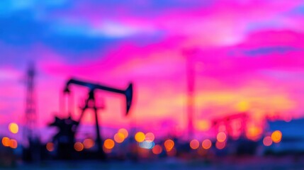 Oil pump jacks operate under colorful sunset sky at industrial site
