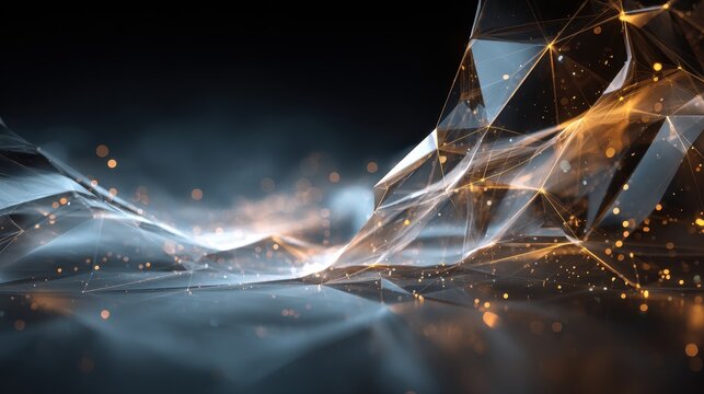 Abstract Geometric Data Landscape with Glowing Lines and Particles on Dark Background