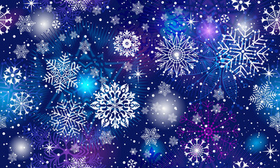 Vector dark violet seamless pattern  with white vintage snowflakes and glitter stars