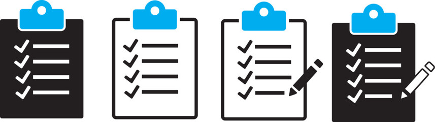 Checklist Icon Set with Clipboard, Checkmark & Document | Vector Illustration Icons