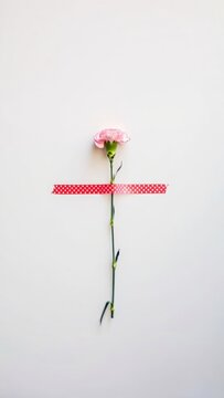 On A Single Day, a single pink carnation with Red Tape on a white background
