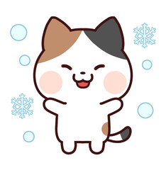 雪に喜ぶ三毛猫