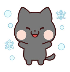 雪に喜ぶ黒猫