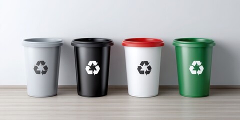 Four recycling bins in various colors, gray, black, red, and green, arranged neatly on a wooden surface, promoting eco-friendly waste management and sustainability practices