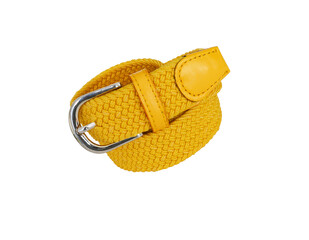 Modern yellow knitted elastic belt isolated on white background.