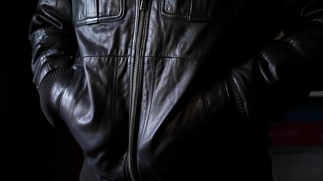 The man moves his hands in the pockets of his leather jacket. The texture of natural leather. Biker or punk style. Casual clothes. Quality details, high-quality tailoring. Expensive thing. 4k footage.