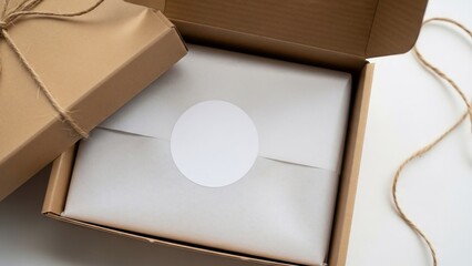 Unboxing experience with an open brown cardboard gift box, revealing white tissue paper and a customizable blank label, ideal for product presentation