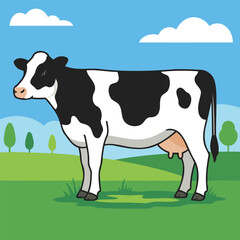 Holstein Friesian Cow Standing in Green Pasture Dairy Cattle Character Vector Illustration