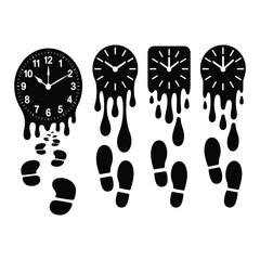 Clocks Face Melting Into Footsteps Silhouette set.
